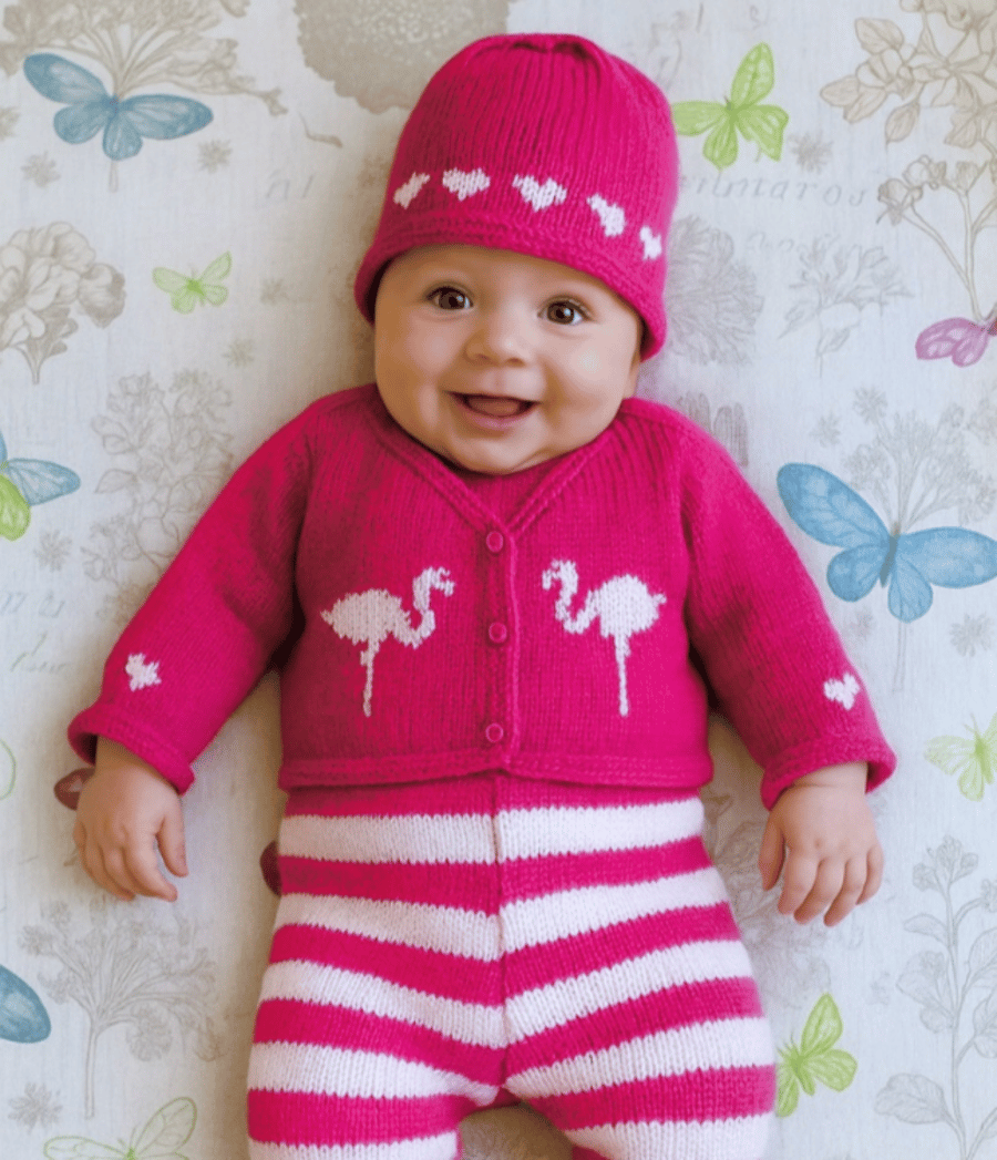 Flamingo Knitting Pattern for Baby sweater trousers and hat outfit.  Digital