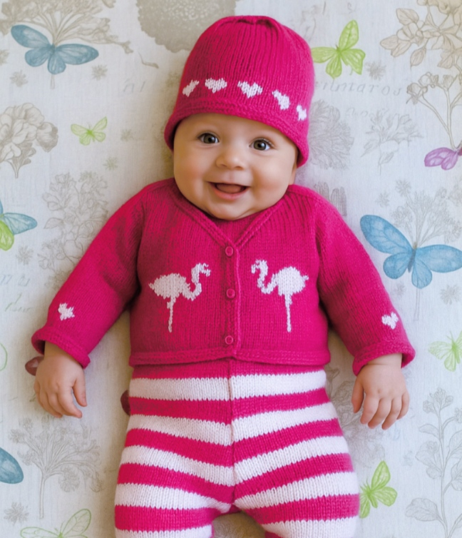 Flamingo Knitting Pattern for Baby sweater trousers and hat outfit.  Digital