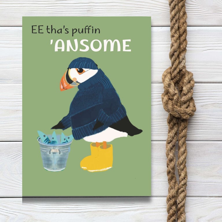 Greeting card male relative friend- cute puffin card illustration