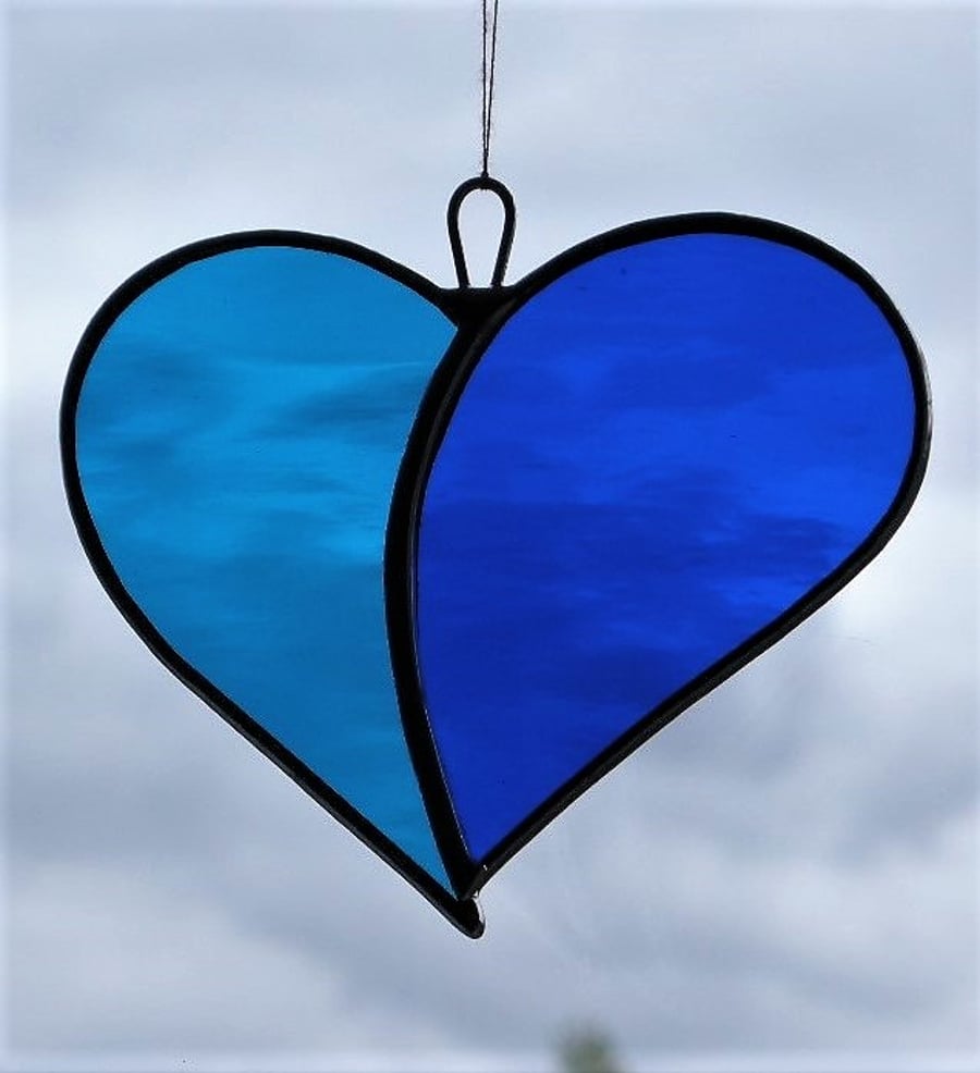 Stained Glass suncatcher Love Heart "When Two Hearts become One" in blues 