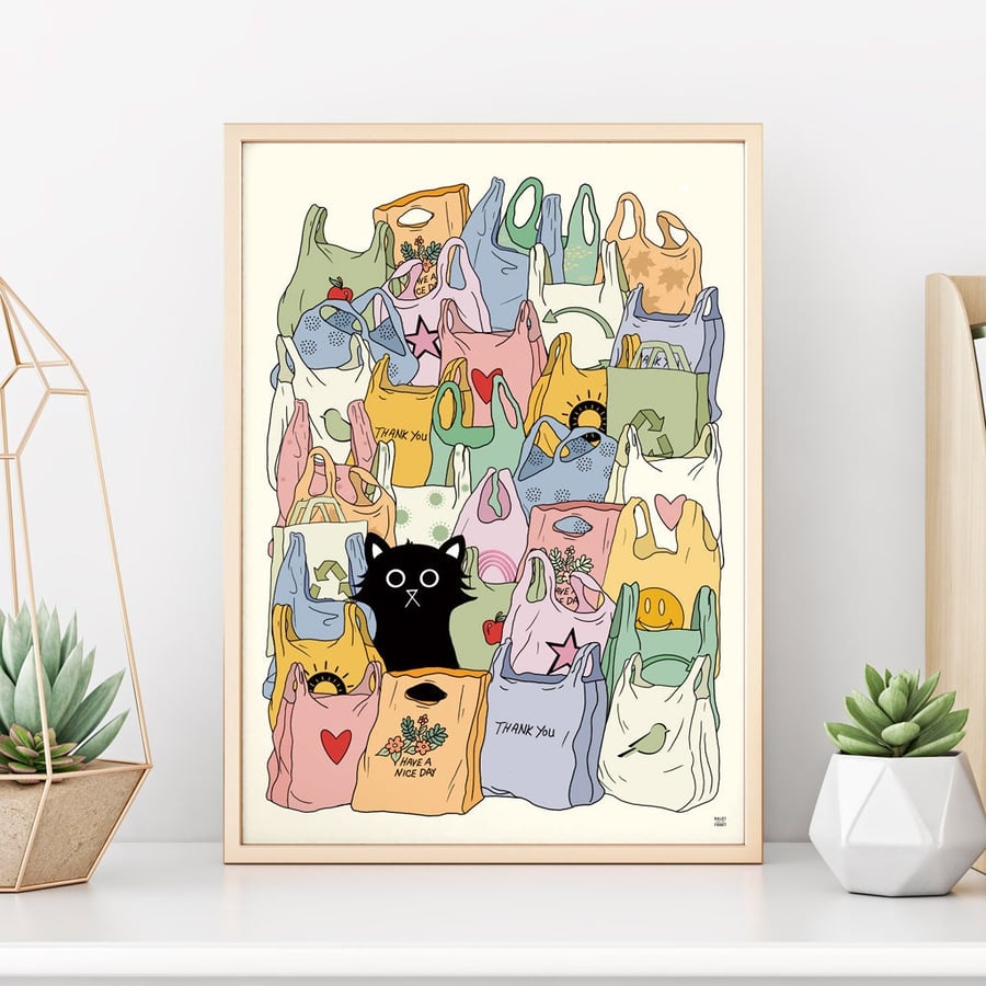 Cute Cat And Bag Print 2, The Cat's Out Of The Bag Wall Art Print, Secret Is Out