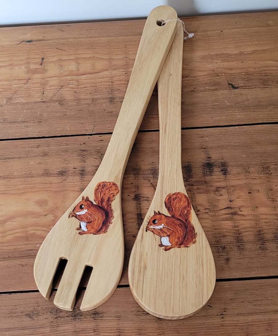 Wooden Salad Servers Decorated With Squirrels