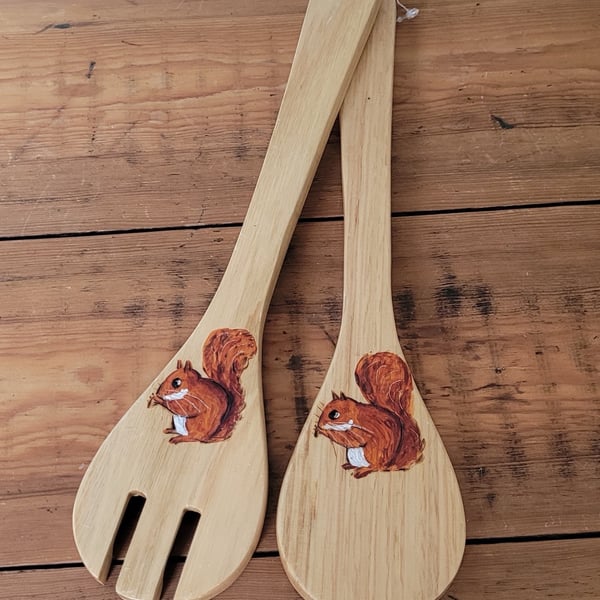 Wooden Salad Servers Decorated With Squirrels