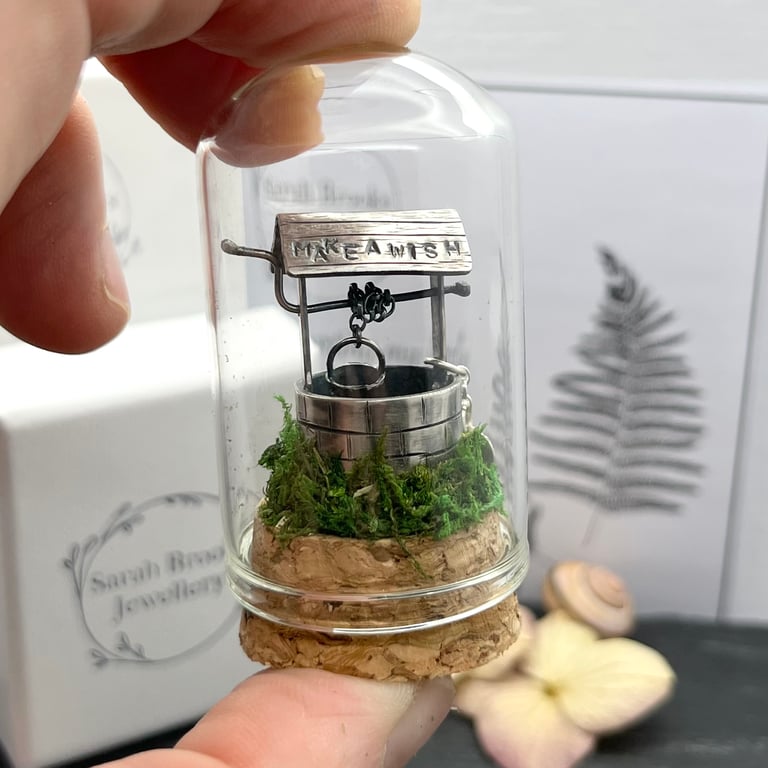 Handmade Sterling Silver Miniature Wishing Well Stamped Roof Bell Jar