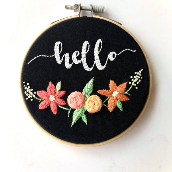 Hello, Handmade Embroidery Hoop, Wall Hanging, Personalised Embroidery Art,