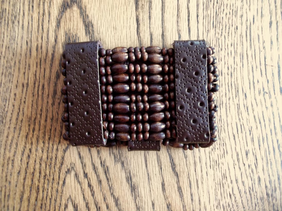 Stretchy Large Bracelet Bangle Leather & Wood Bead ,Brown Floral Pattern Leather