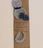 Handmade crochet cat bookmark - grey with blue collar