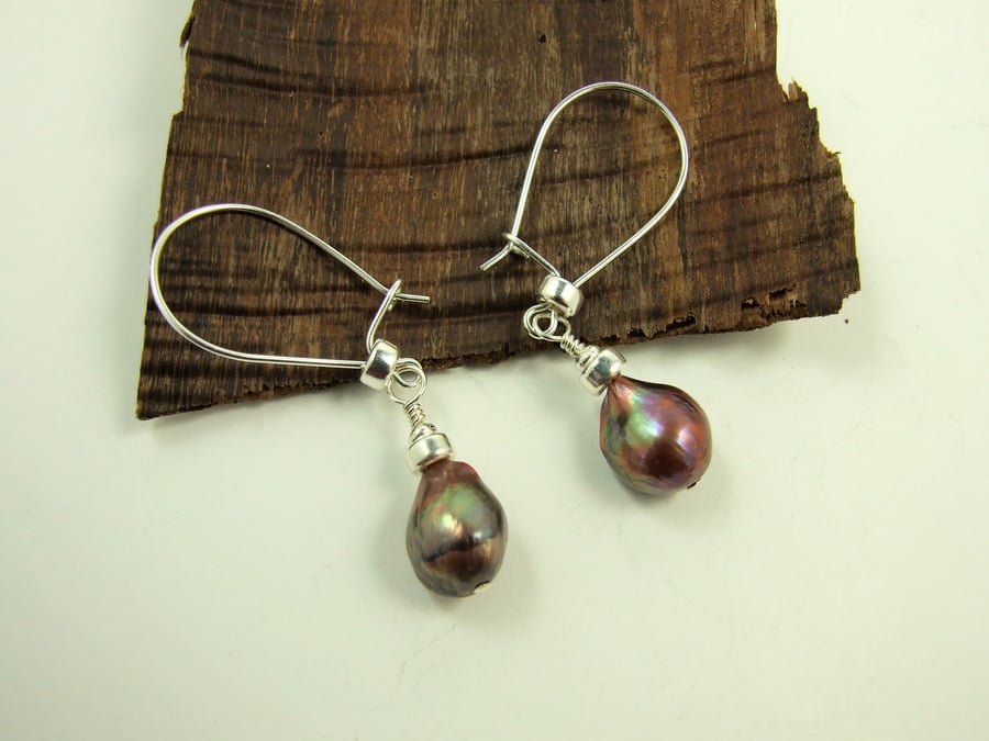 Pearl Earrings, Sterling Silver, Large Coffee Colour Freshwater Pearl Dropper