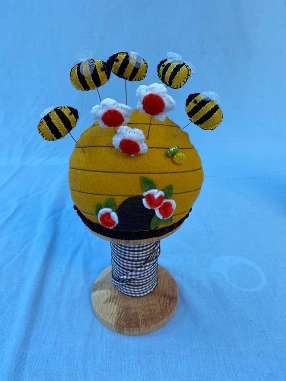 Gift for Stitcher, Large Pincushion Beehive on Bobbin with Bees, Flowers Pins