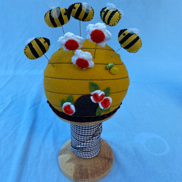 Gift for Stitcher, Large Pincushion Beehive on Bobbin with Bees, Flowers Pins