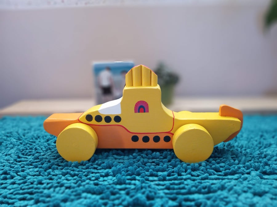 yellow submarine wooden push toy