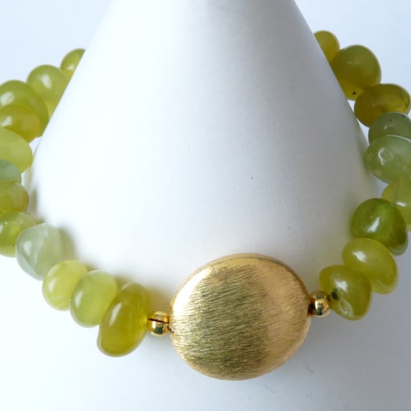 Green Sepentine Gold Disc Bracelet - Genuine Gemstone - Handmade 
