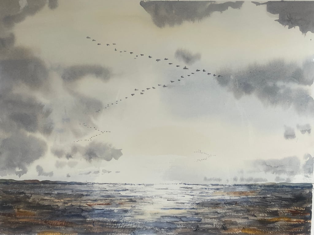 Geese flying to roost on a winters evening over Shalfleet flats