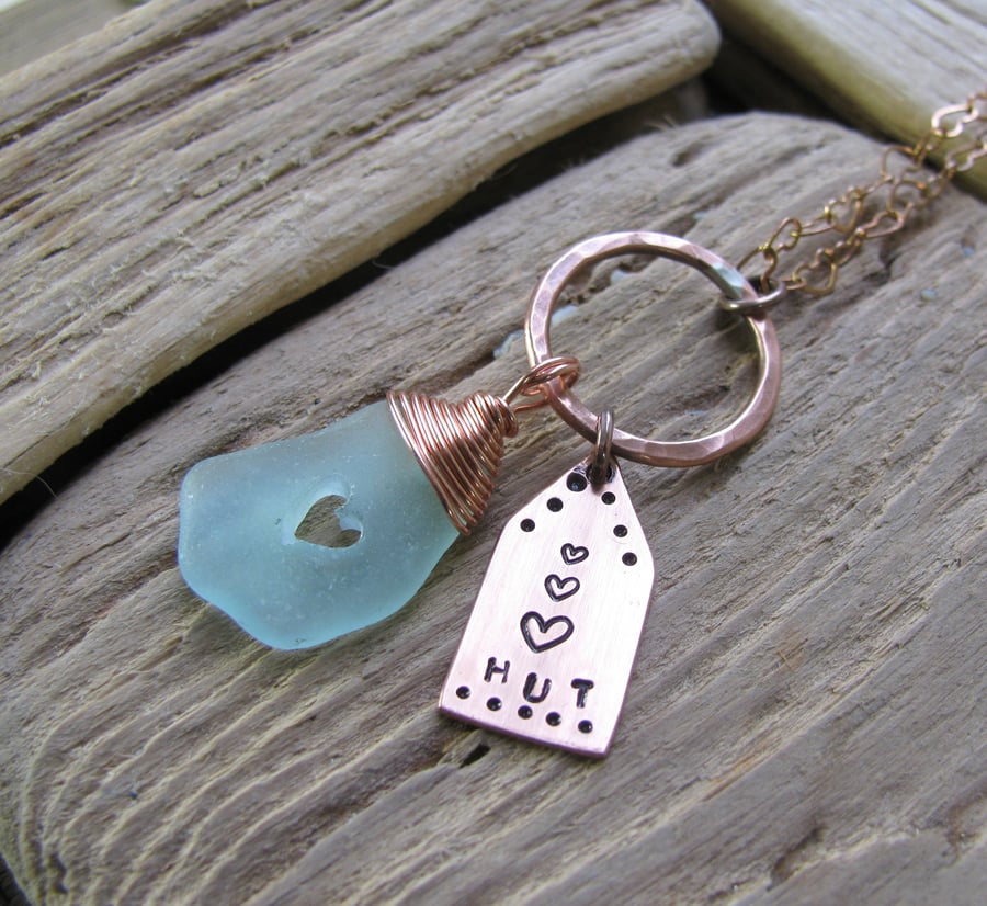 Natural sea glass, heart copper pendant