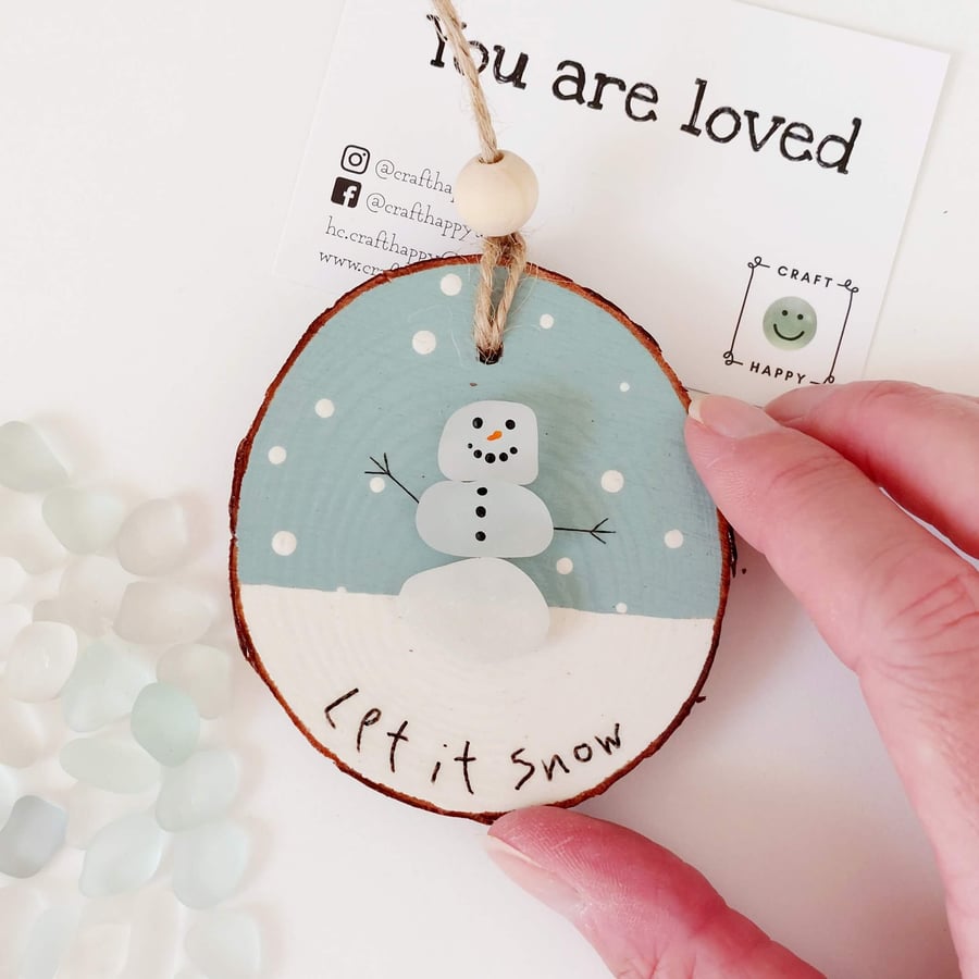 Sea Glass Snowman Tree Decorations, Beach Glass Christmas Ornament