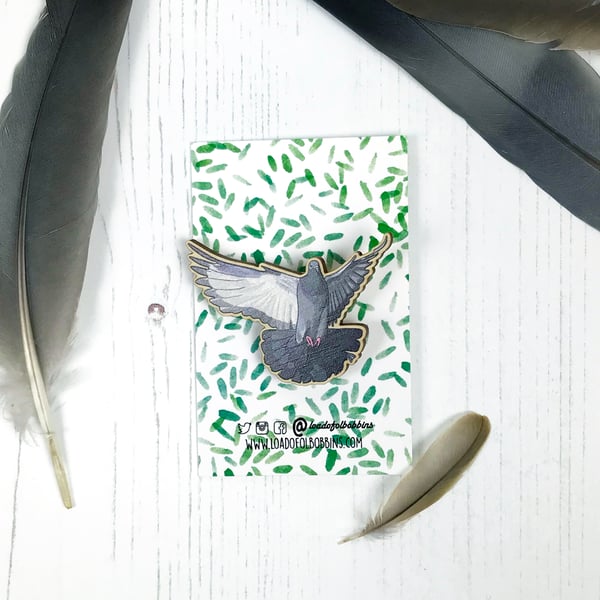 Pigeon Flying Wooden Illustrated Brooch