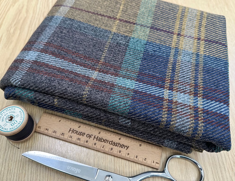 Grampian 'Bedlington' Brown & Navy Blue Tartan Check Faux Wool Upholstery Fabric