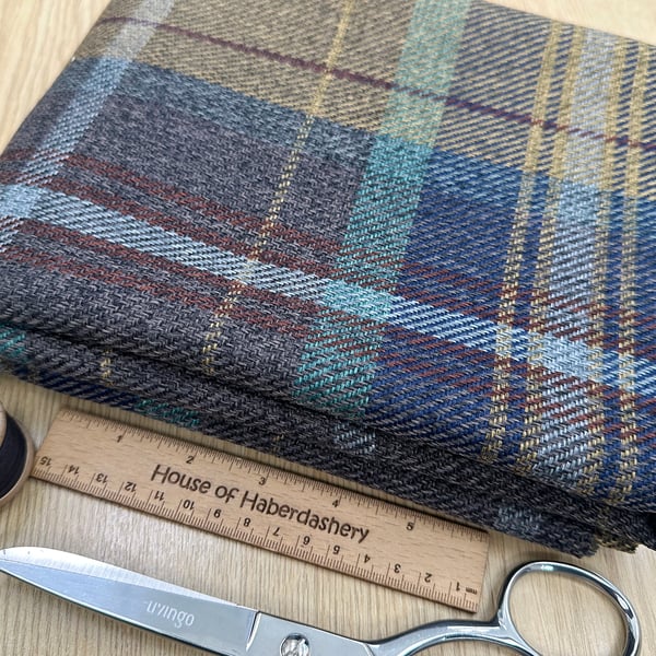 Grampian 'Bedlington' Brown & Navy Blue Tartan Check Faux Wool Upholstery Fabric