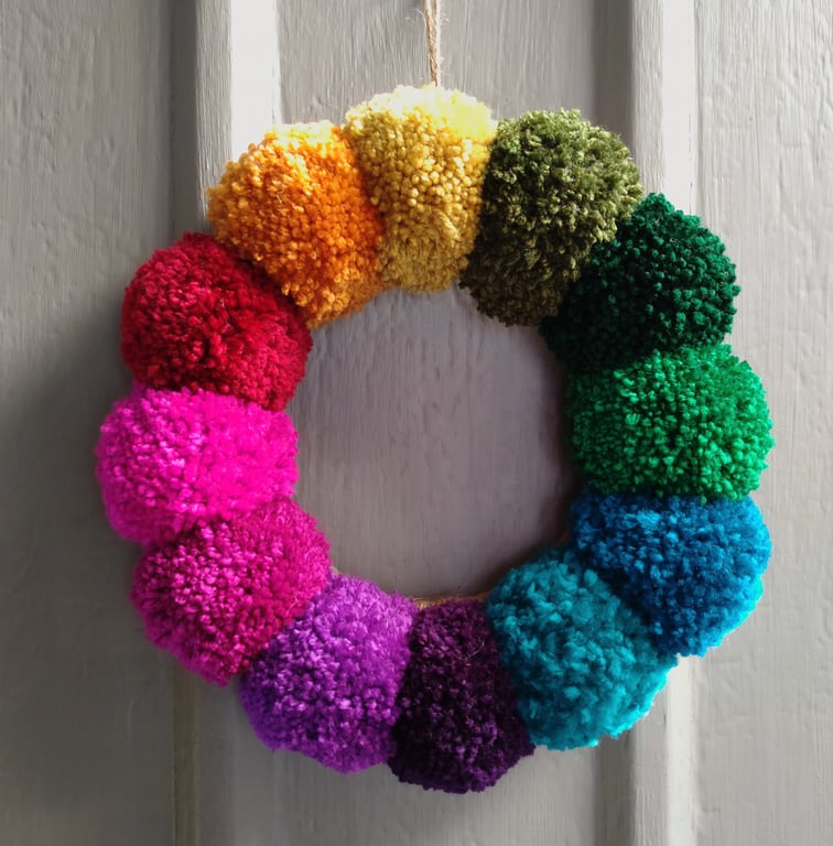 Wool Pompom Wreath, Rainbow Colours, Plush Door Hanging, Maximalism Interiors.