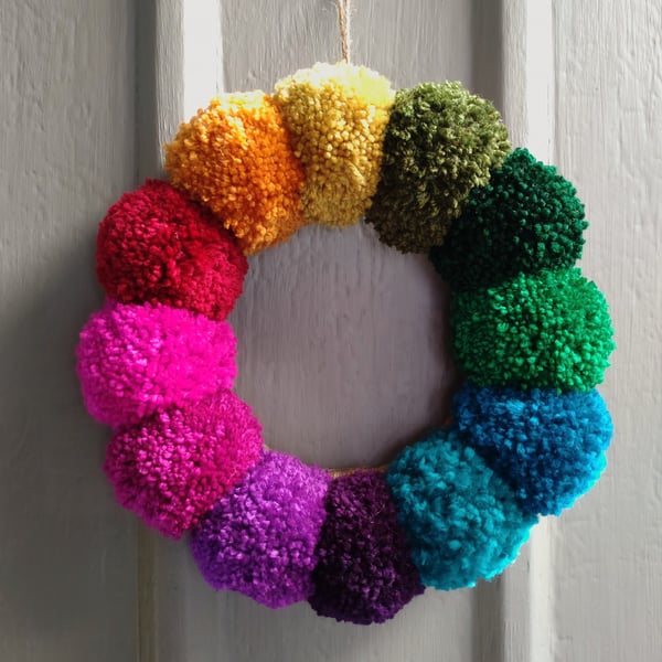 Wool Pompom Wreath, Rainbow Colours, Plush Door Hanging, Maximalism Interiors.
