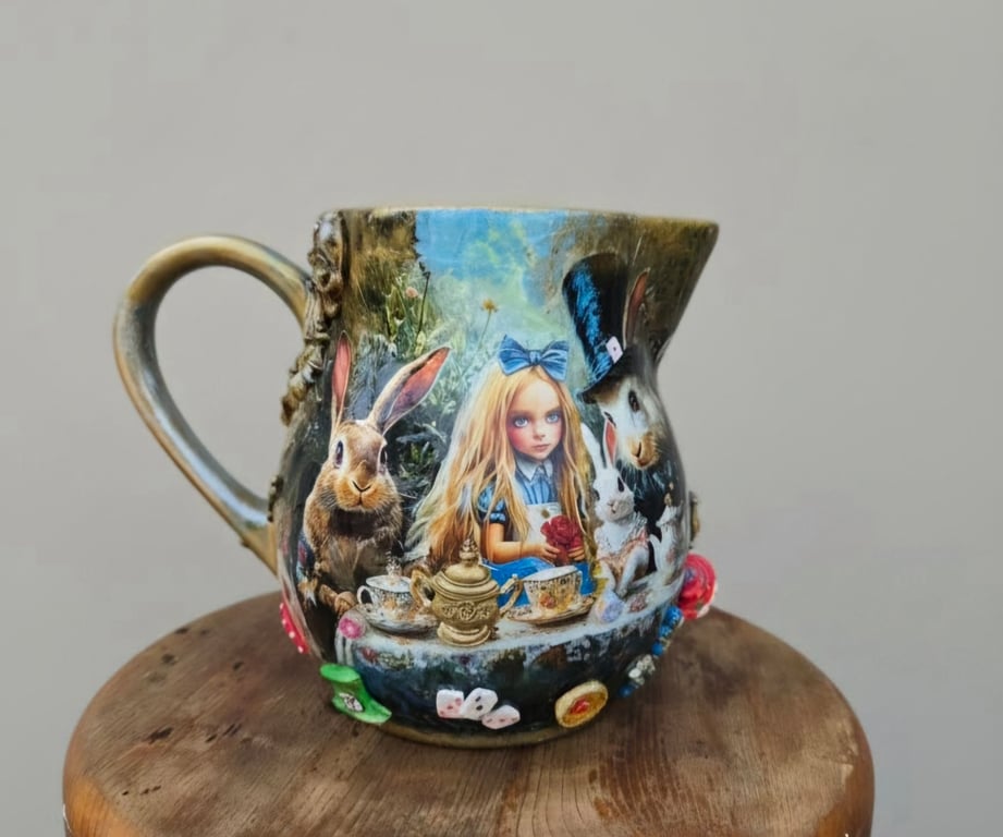 Upcycled Alice in Wonderland Handcrafted Milk Jug – Whimsical Decor Gift