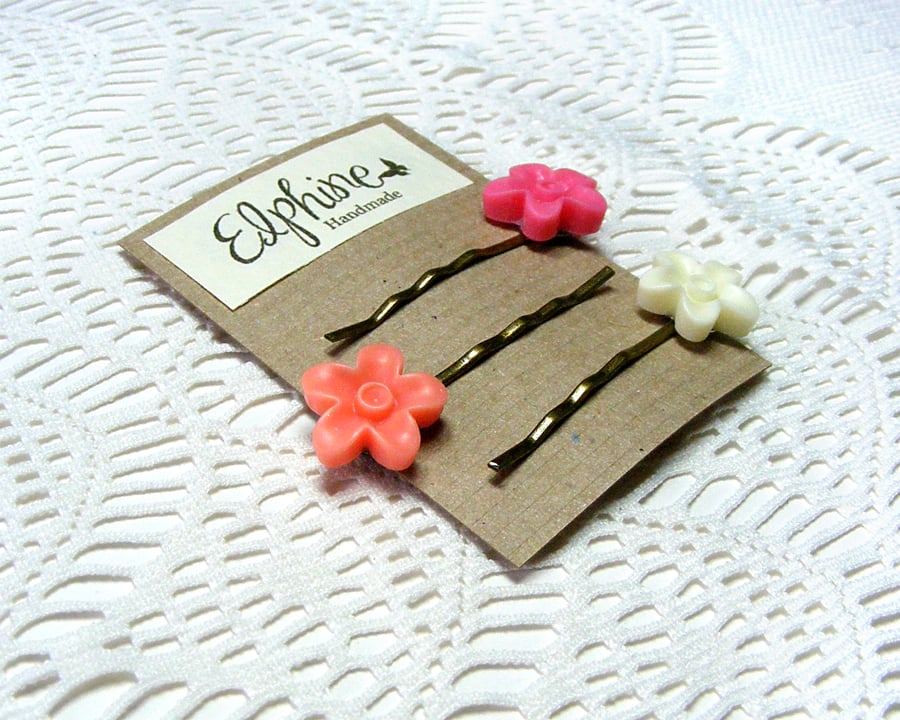 SALE! 50% off! Trio of Bobby Pins with Bright Flower Cabochons