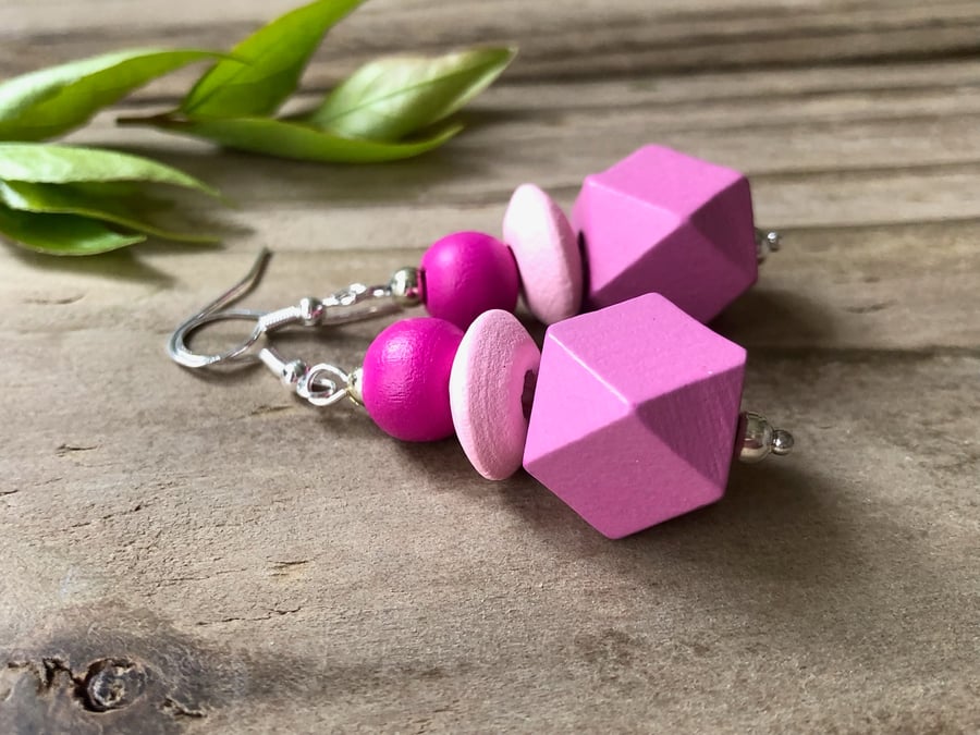 Dark Pink, Light Pink Wooden Bead Earrings. Lightweight Beaded Earrings