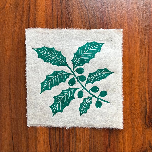 PERFECTLY IMPERFECT Green Holly Branch Original Lino Print