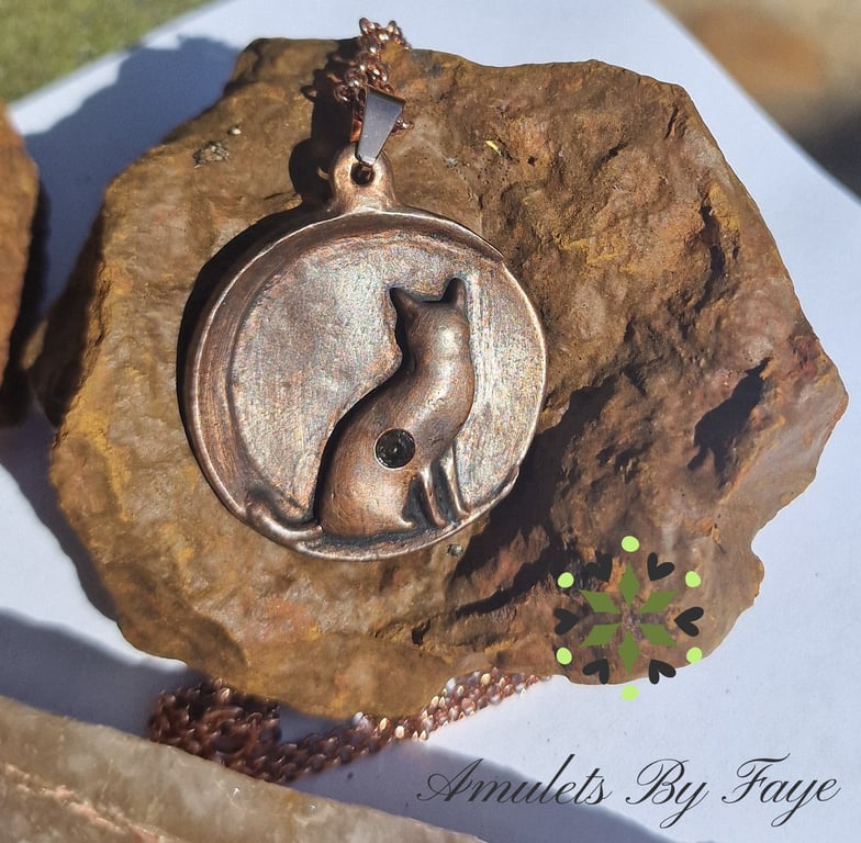 Copper Cat Sitting On A Moon with Citrine Gemstone Pendant Necklace