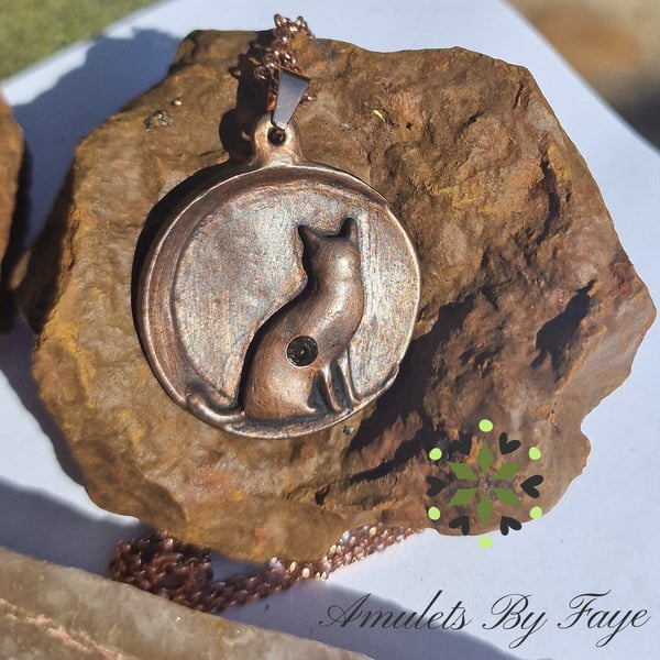 Copper Cat Sitting On A Moon with Citrine Gemstone Pendant Necklace