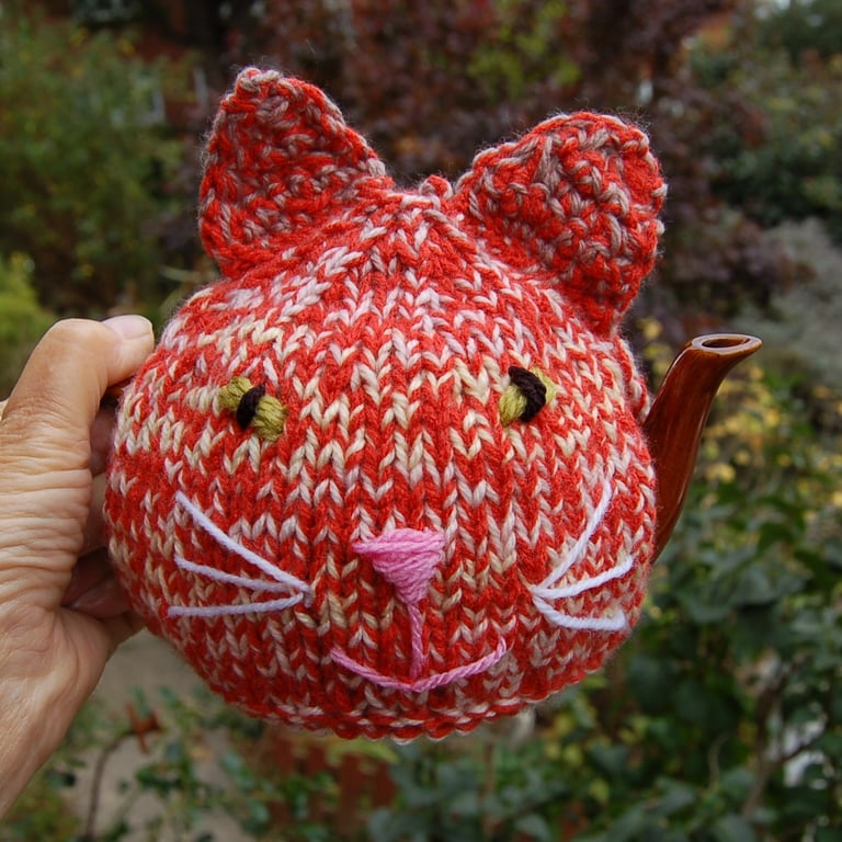Hand Knitted Ginger Tabby Cat Tea cosy - for a small tea for one or two teapot 