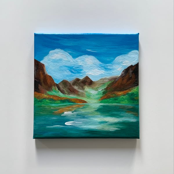 Original acrylic landscape painting with mountains and river