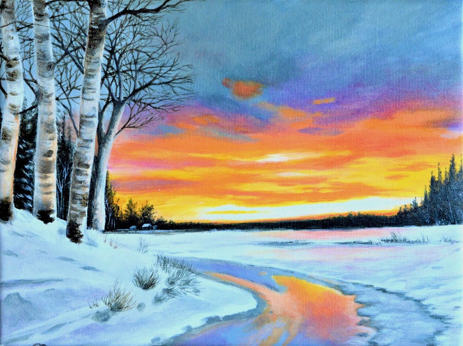 Winter Sunset Snow Scene Original Acrylic on Canvas Painting