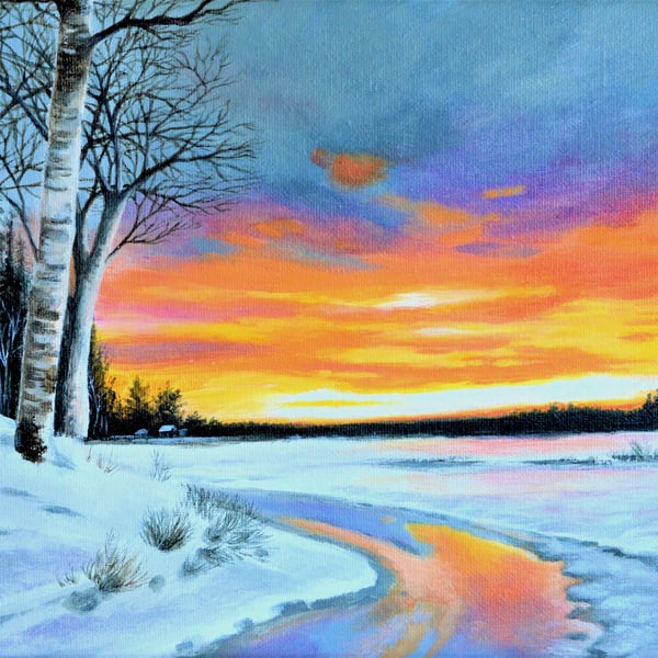 Winter Sunset Snow Scene Original Acrylic on Canvas Painting