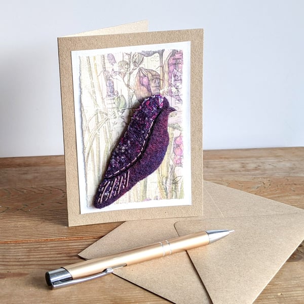 Brooch on a card - felted bird in purples