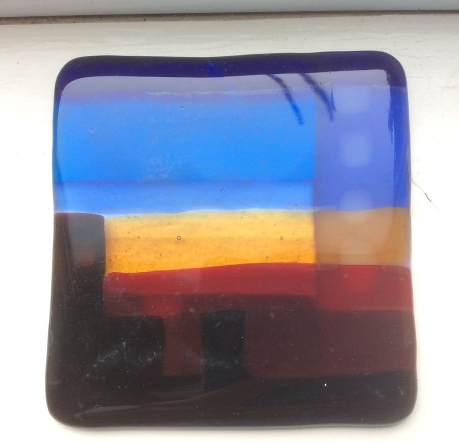 Fused Glass Fiery Cityscape Coaster or Suncatcher