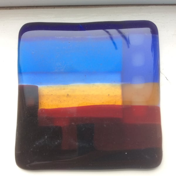 Fused Glass Fiery Cityscape Coaster or Suncatcher