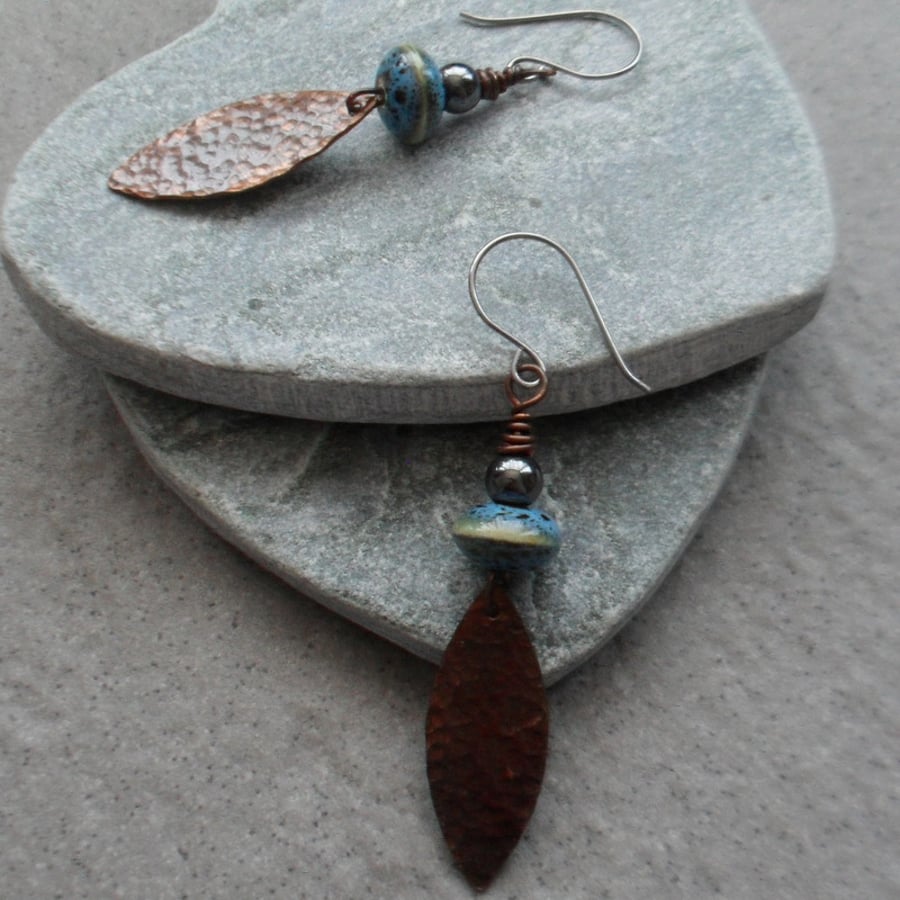Oxidised Copper Blue Ceramic Beads and Haematite Drop Earrings