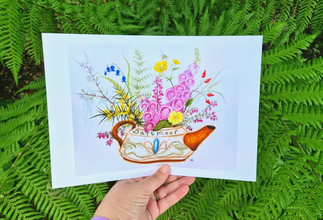 Dartmoor Teapot, floral print from original artwork by Jackie Reynolds 