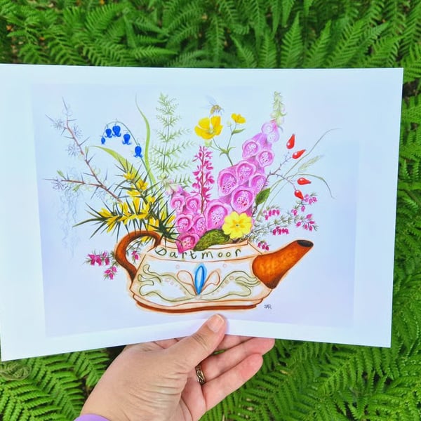 Dartmoor Teapot, floral print from original artwork by Jackie Reynolds 
