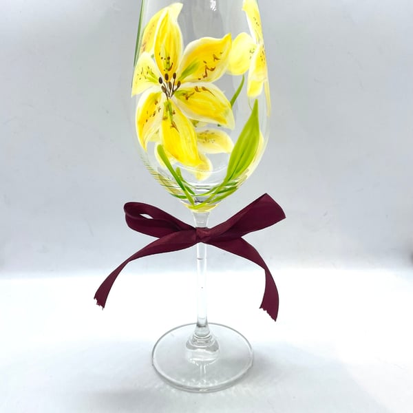 Hand Painted Wine Glass Yellow Lily Gifts Personalised Wine Glass
