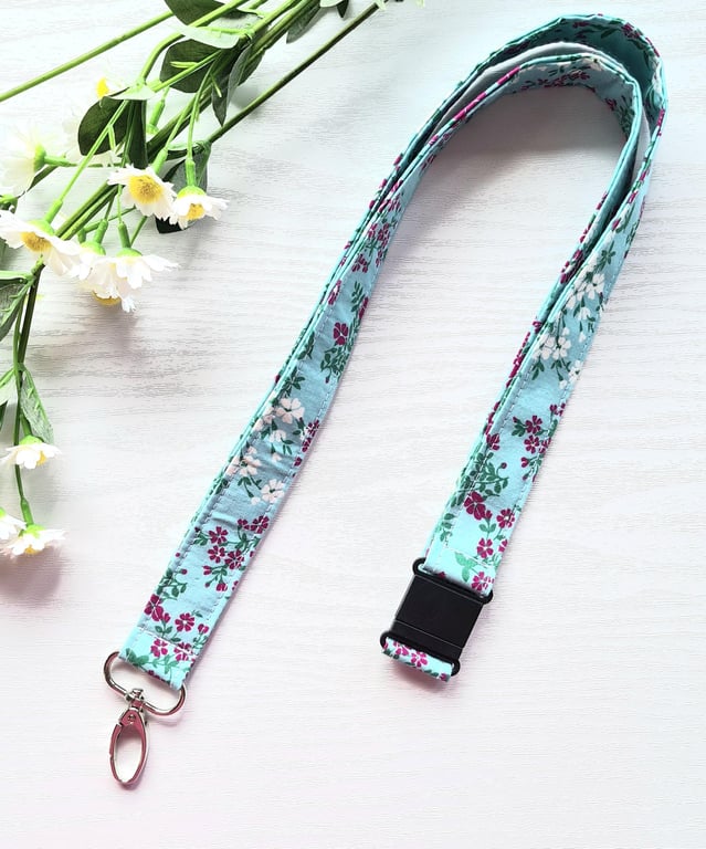 Handmade Lanyard with Clip Turquoise & Pink Floral Fabric Breakaway Safety Catch