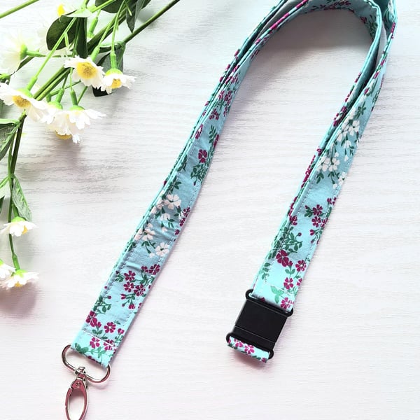 Handmade Lanyard with Clip Turquoise & Pink Floral Fabric Breakaway Safety Catch
