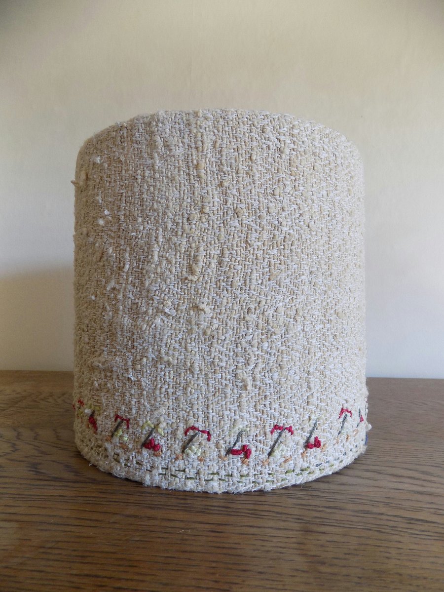 Herringbone weave silk-blend lampshade with abstract floral hand embroidery