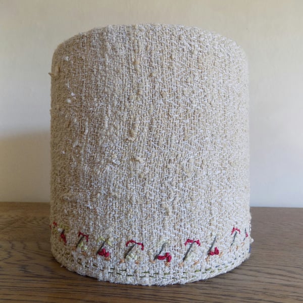 Herringbone weave silk-blend lampshade with abstract floral hand embroidery