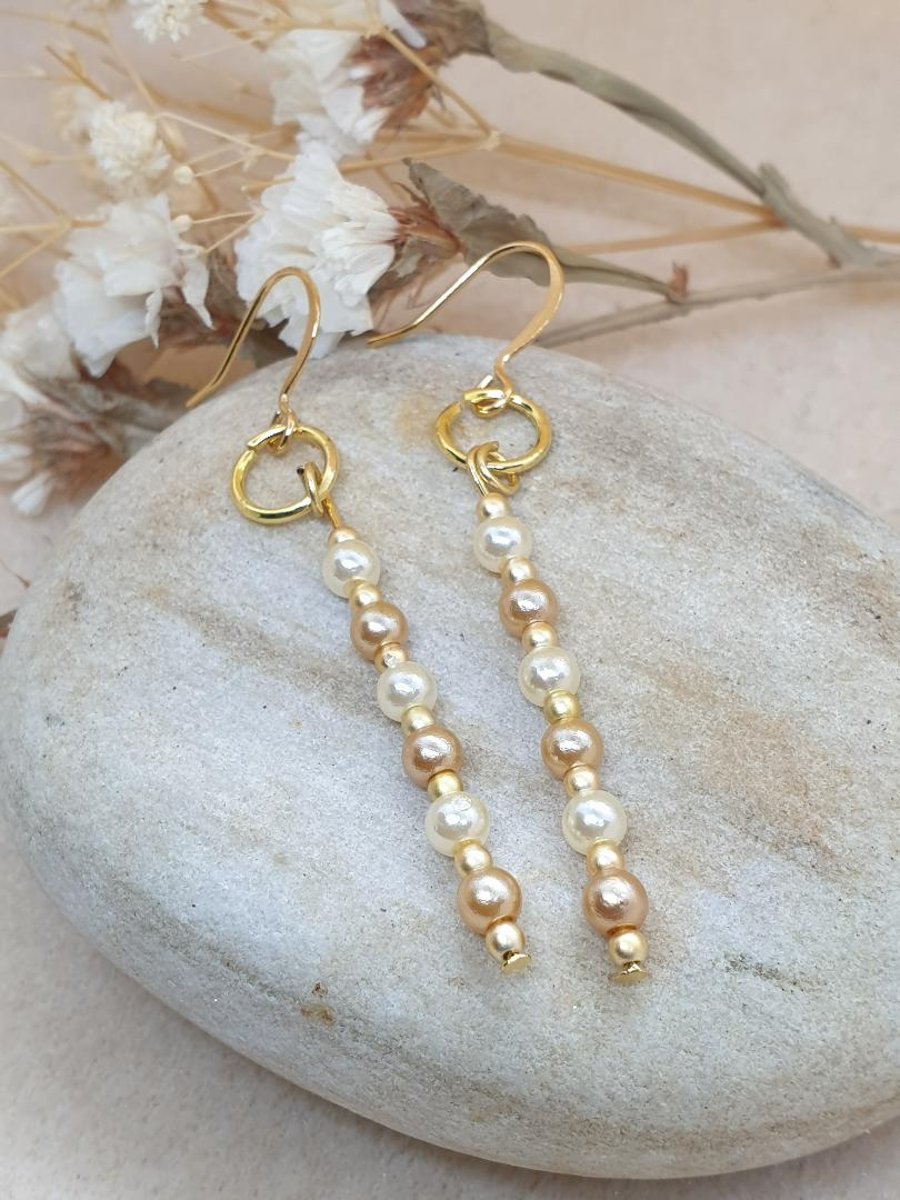 long drop gold plated earrings with mini faux pearls elegant chic evening wear 