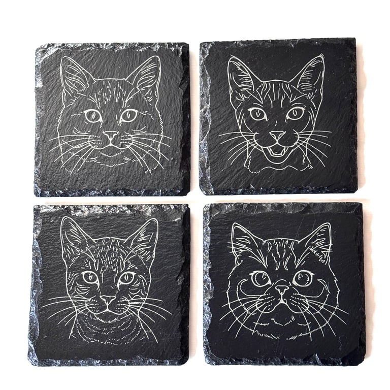 Cat Engraved Slate Coaster Set (4 Pack) – 100mm x 100mm Natural Stone Coasters 