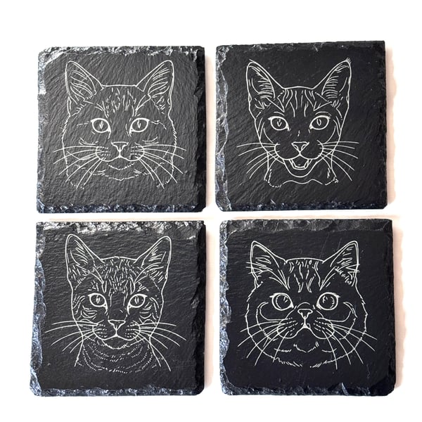 Cat Engraved Slate Coaster Set (4 Pack) – 100mm x 100mm Natural Stone Coasters 