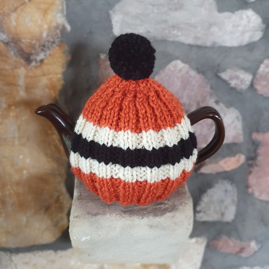 Small Tea Cosy for 2 Cup Tea Pot, Orange, Black, Cream Hand Knitted, Wool Mix
