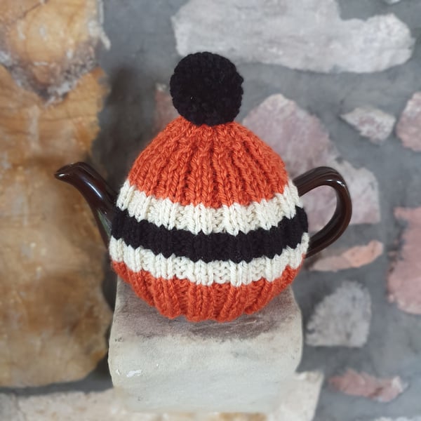 Small Tea Cosy for 2 Cup Tea Pot, Orange, Black, Cream Hand Knitted, Wool Mix